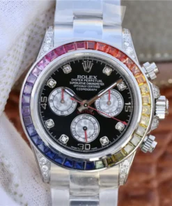 Alternative view of Rolex Cosmograph Daytona Rainbow White Gold Black Dial with Diamond Bezel