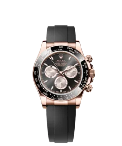The Oyster Perpetual Cosmograph Daytona in 18 ct Everose gold features a glossy black and sunrise gold dial
