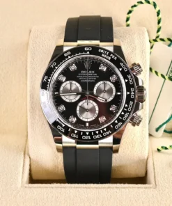 Alternative view of Rolex Cosmograph Daytona White Gold Black Dial Diamond Index with Black Cerachrom Bezel & Oysterflex Bracelet