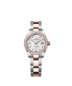 Rolex The Oyster Perpetual Lady-Datejust in Everose gold and Oystersteel features a diamond-set white mother-of-pearl dial