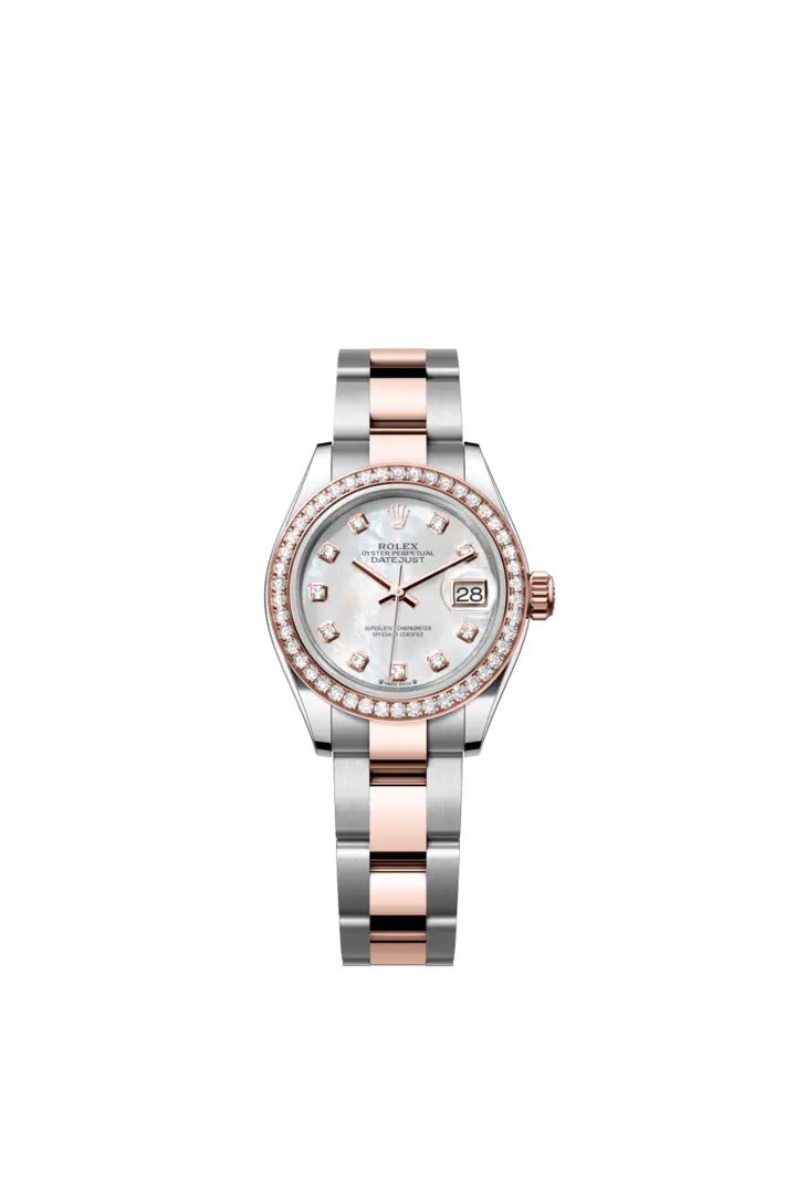 Rolex The Oyster Perpetual Lady-Datejust in Everose gold and Oystersteel features a diamond-set white mother-of-pearl dial