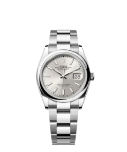 Rolex Oyster Perpetual Datejust 36 is available in Oyster steel with a silver dial and an Oyster bracelet