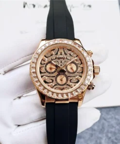 Alternative view of Rolex Cosmograph Daytona Everose Gold Baguette Diamond Bezel with Pavé Diamond Dial