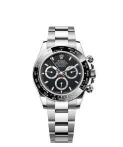 The Oyster Perpetual Cosmograph Daytona is made in Oyster steel with a black dial and contrasting counters