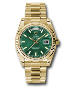 Rolex Yellow Gold Day-Date Fluted Bezel Green Index Dial President Bracelet