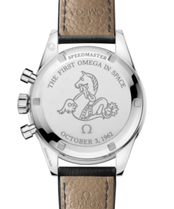 Alternative view of Speedmaster First OMEGA in Space 39.7 mm, steel on leather strap